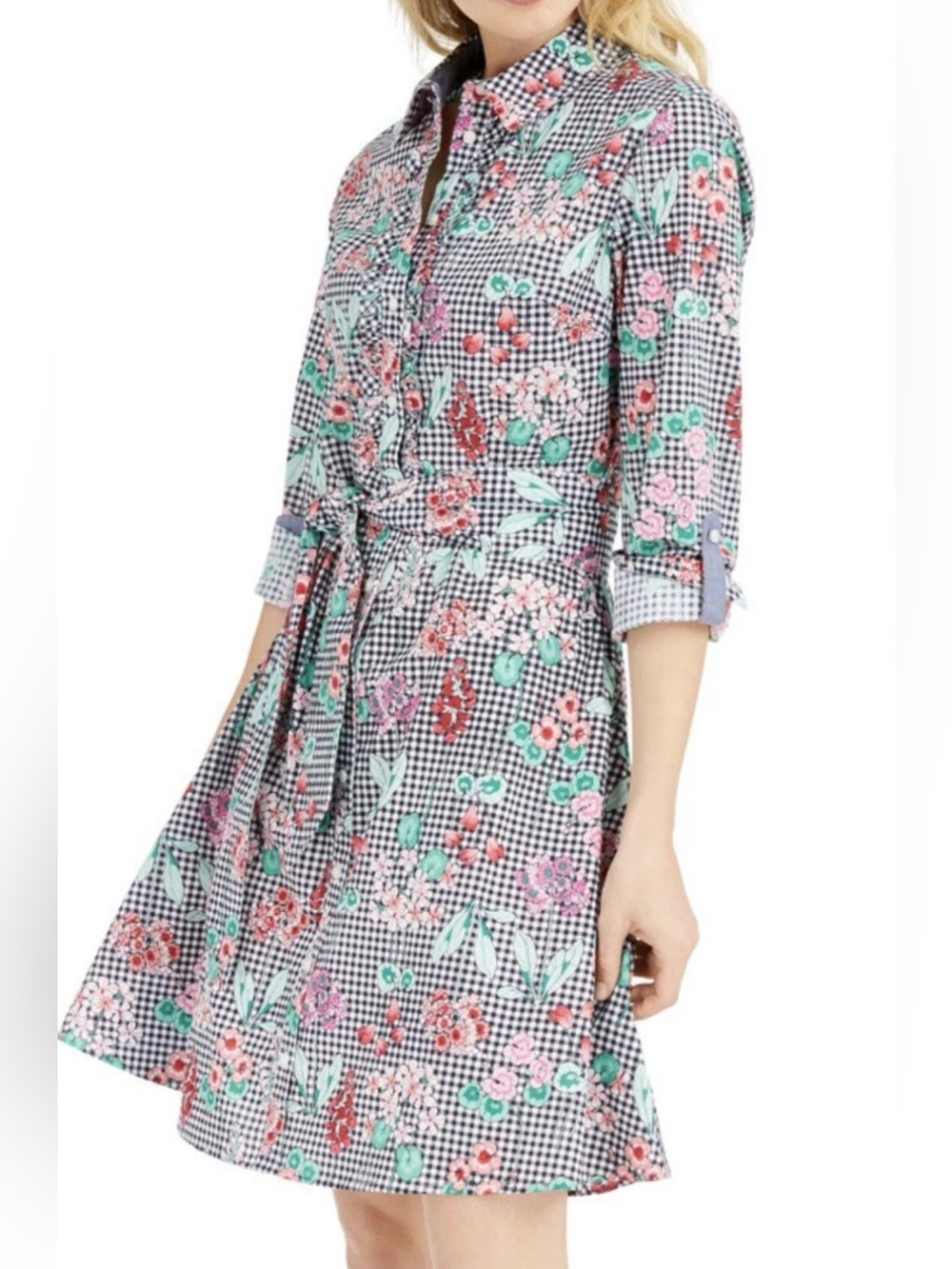 Tommy Hilfiger Black-and-White Gingham Floral Tie-Waist Midi Dress
